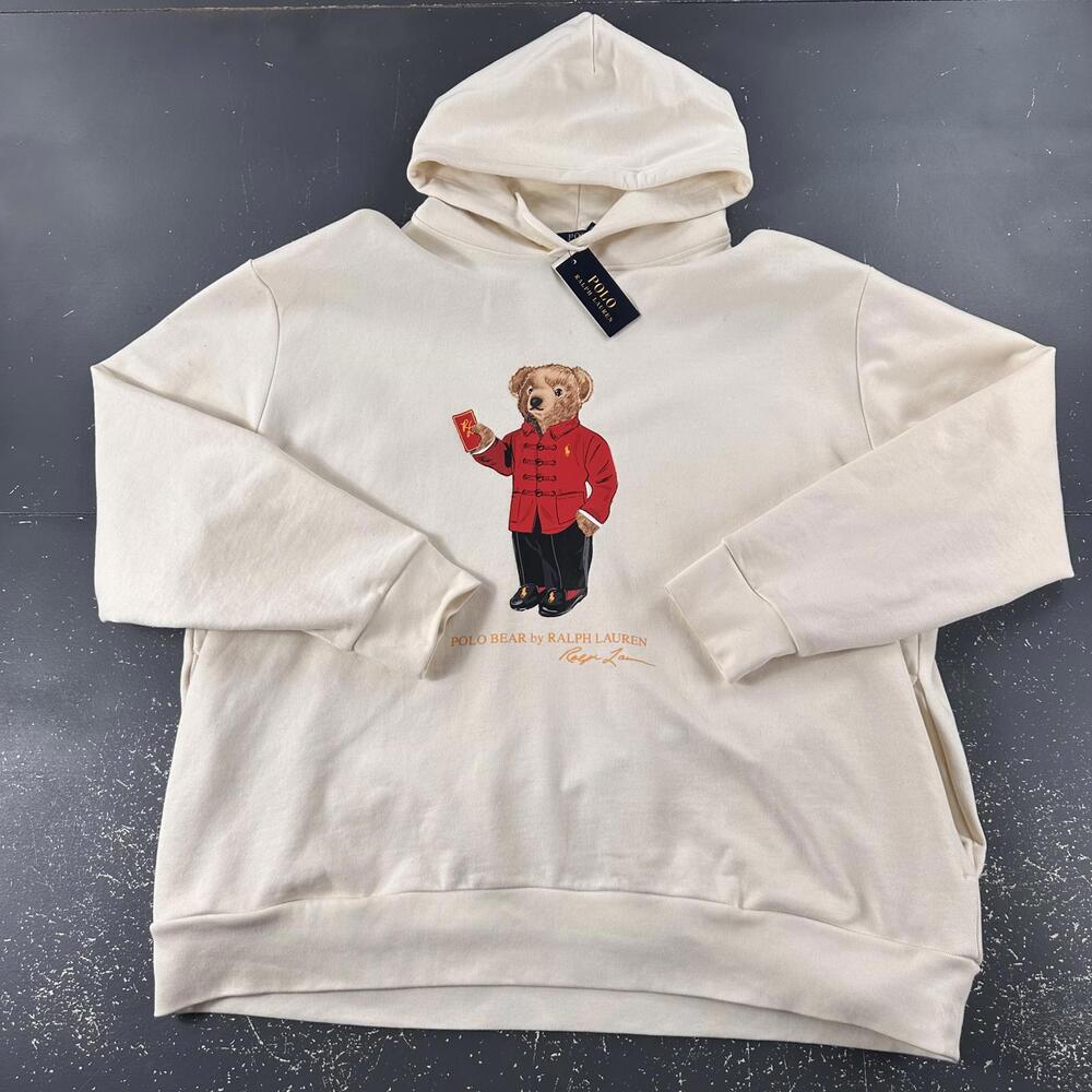 Polo Ralph Lauren Hoodie Mens 3XB Cream Ivory Teddy Bear Hand warmer Pockets NWT - Picture 1 of 7